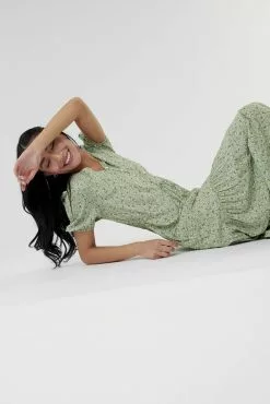 Sweet Salt Dress V Neck Drawstring Green Floral