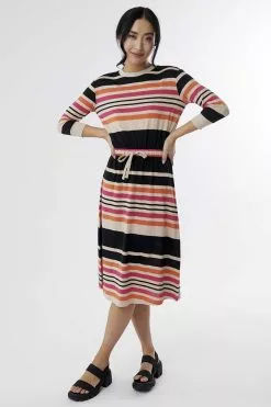 Sweet Salt 3/4 Sleeve Drawstring Waist Dress Black Stripe