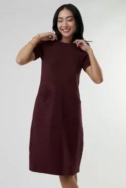 Sweet Salt Short Sleeve Front Pockets Dress Burgundy