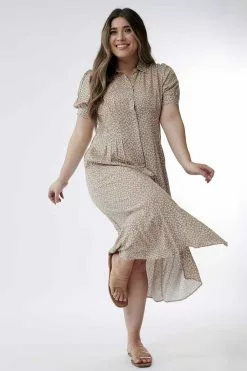 Sweet Salt Dress Collared Button Down Pin Tuck Waist Tan Floral