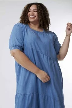 Sweet Salt Ruffle Square Neck Dress Denim