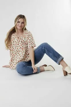 Sweet Salt Top Tie Neck Raglan Sleeve Orange Floral