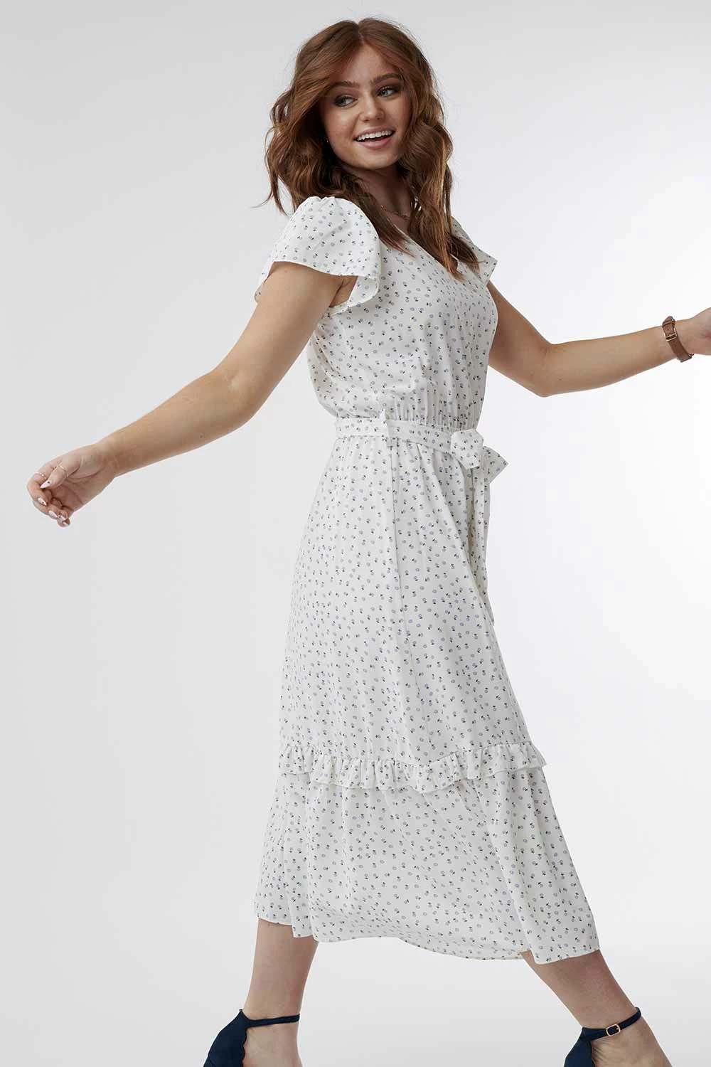 Sweet Salt Dress V Neck Flutter Sleeve Ruffle Skirt White Floral