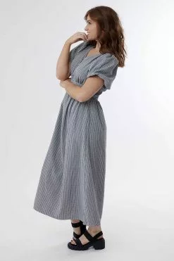 Sweet Salt Dress V Neck Puff Sleeve Button Black Stripe