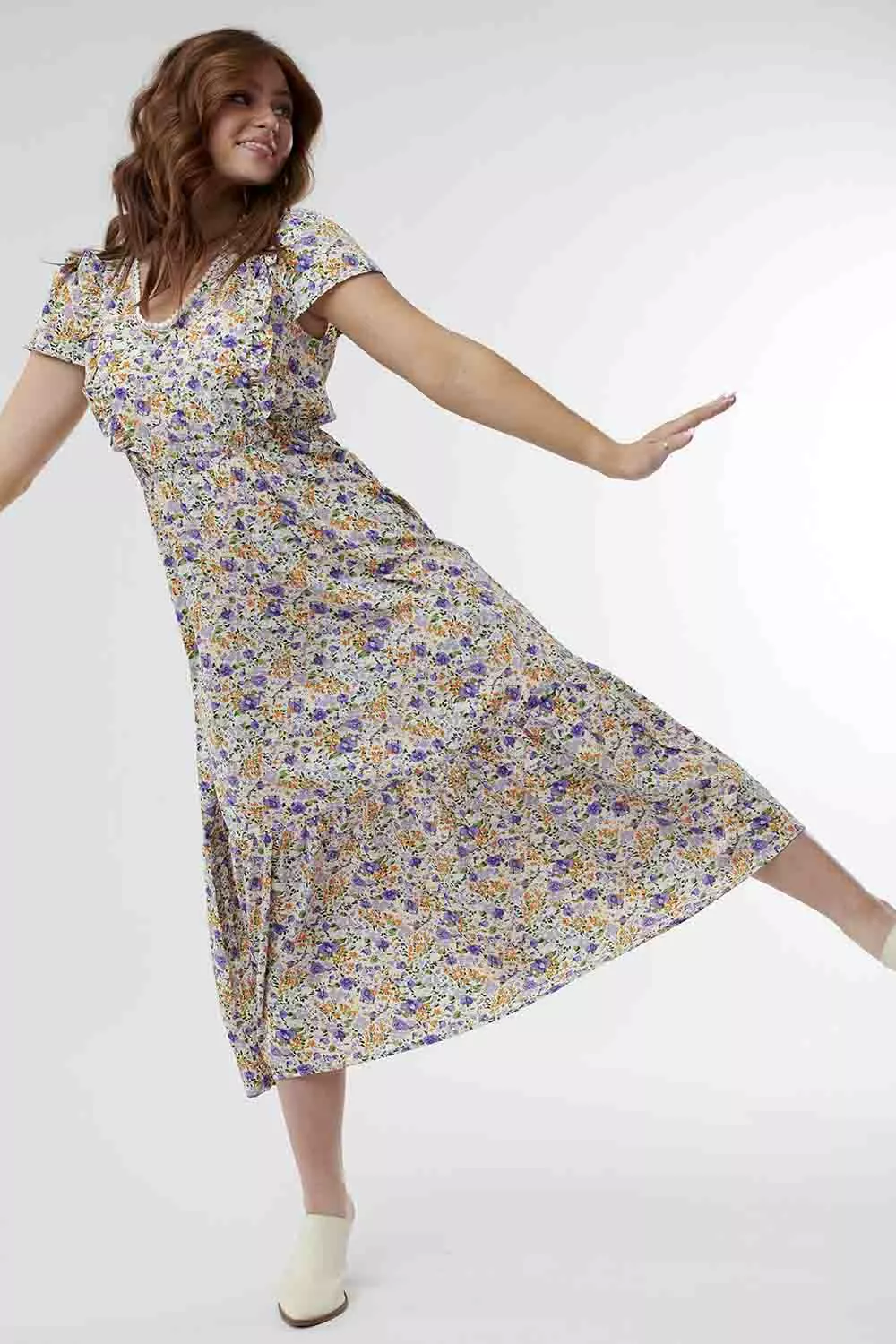 Sweet Salt Dress V Neck Flutter Bodice Ruffle Skirt Multi Color Floral