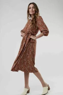 Sweet Salt 3/4 Sleeve Piping Wrap Dress Rust