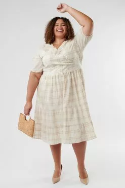 Sweet Salt Dress 3/4 Puff Sleeve Top Wrap Taupe/Ivory