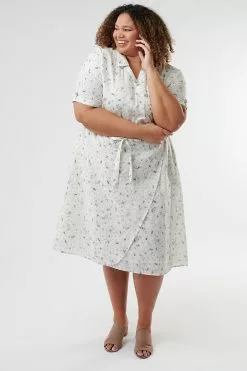 Sweet Salt Dress Button Down Sleeve Tab Ivory/Gray Floral