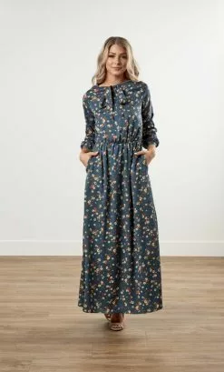 Sweet Salt Necktie Puffed Sleeve Floral Dress Jade