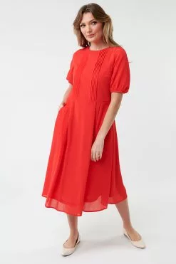 Sweet Salt Dress Puff Sleeve Pin Tuck Tomato Red