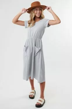 Sweet Salt Dress V Neck Cuffed Sleeve Patch Pocket Gray