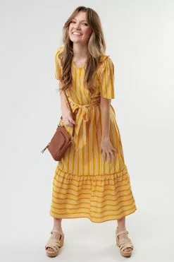 Sweet Salt Dress V Neck Tulip Sleeve Yellow Stripe