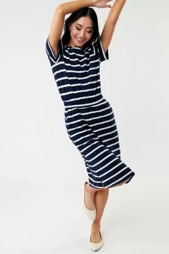 Sweet Salt Dress Wide Waistband Knee Navy/White