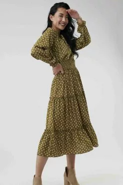 Sweet Salt Tie Neck Smocking Waist Dress Olive