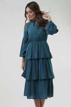 Sweet Salt Tie Neck Tiered Skirt Dress Teal