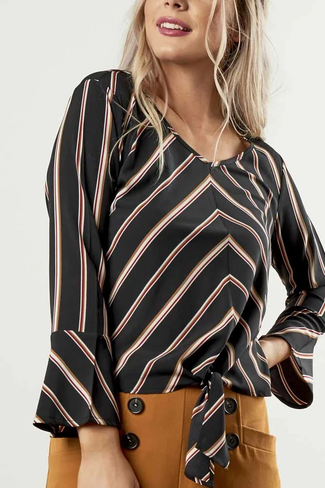 Sweet Salt Flared Sleeve Waist Tie Stripe Top Black Brown 3 Sweet Salt Flared Sleeve Waist Tie Stripe Top Black Brown