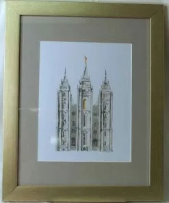 Tausha Schumann Salt Lake Temple Gray Watercolor Matted 17.5x20.5